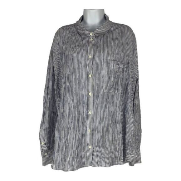 Treasure & Bond Boyfriend Striped Button-Down Shirt L Cotton Blend Blue White - Picture 1 of 7